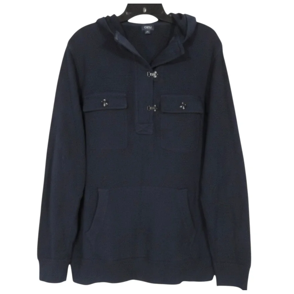 J. CREW Men's NAVY BLUE Pockets HOOK & EYE Hooded SAILING Knit Sweater Sz M